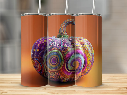 Triptych of a colorful, patterned pumpkin on an orange gradient background.