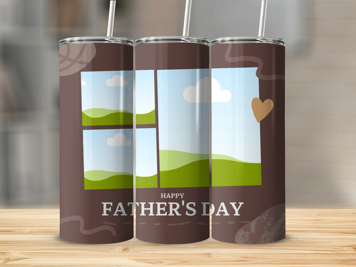 Three tumblers with a brown background, landscape images, and "Happy Father's Day" text.
