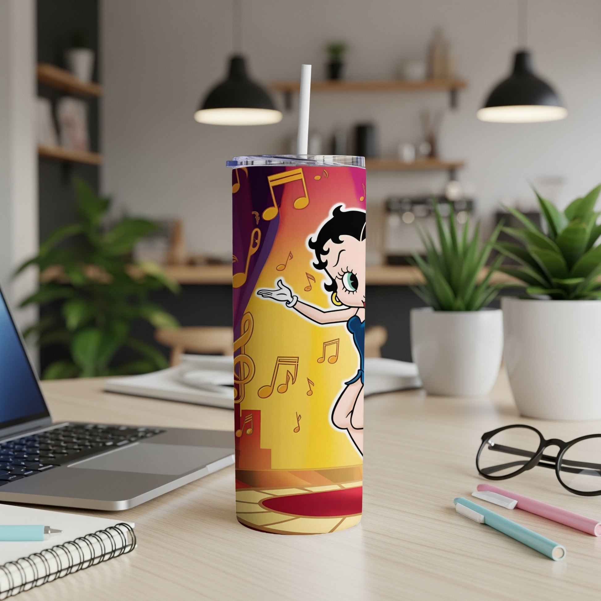 Betty Boop singing on stage with musical notes, on a skinny tumbler.