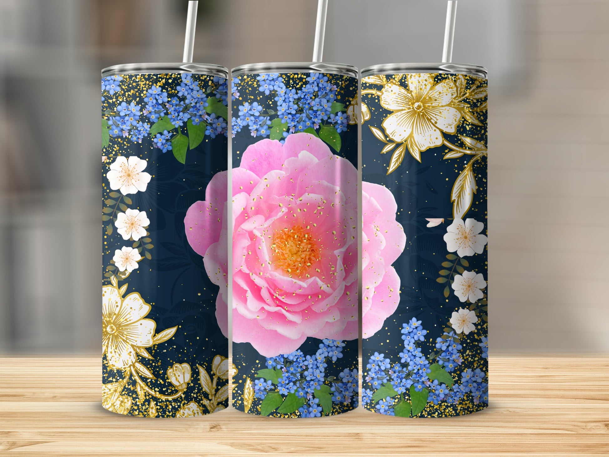 Floral Print Stainless Steel Tumbler Cup with Straw