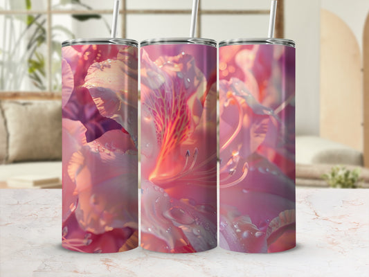 Three tumblers with close-up floral design and water droplets.