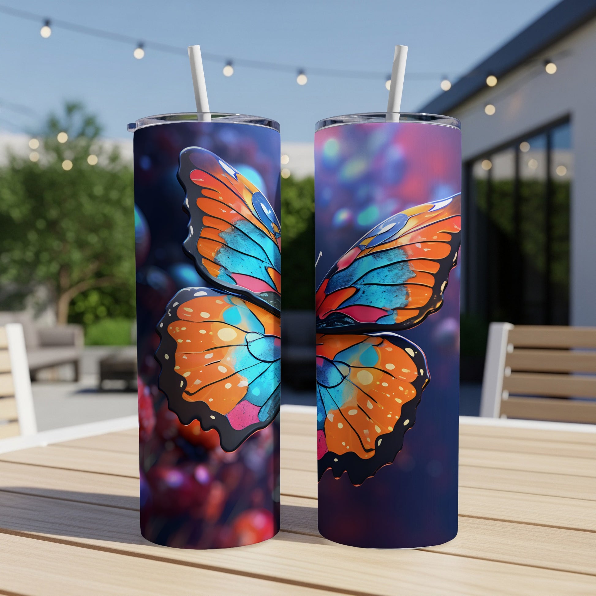 Two tall tumblers featuring a vibrant orange, blue, and black butterfly design.