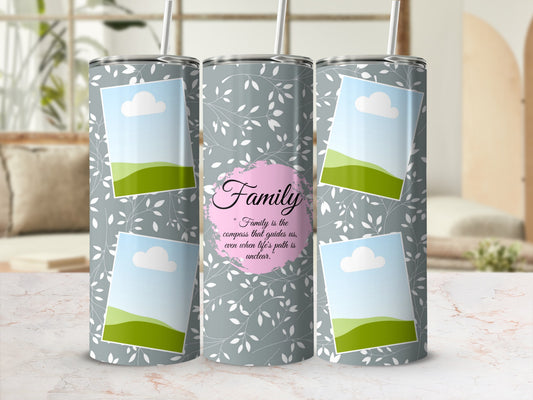 Gray tumbler with leaf pattern, photo frames, and "Family" quote.