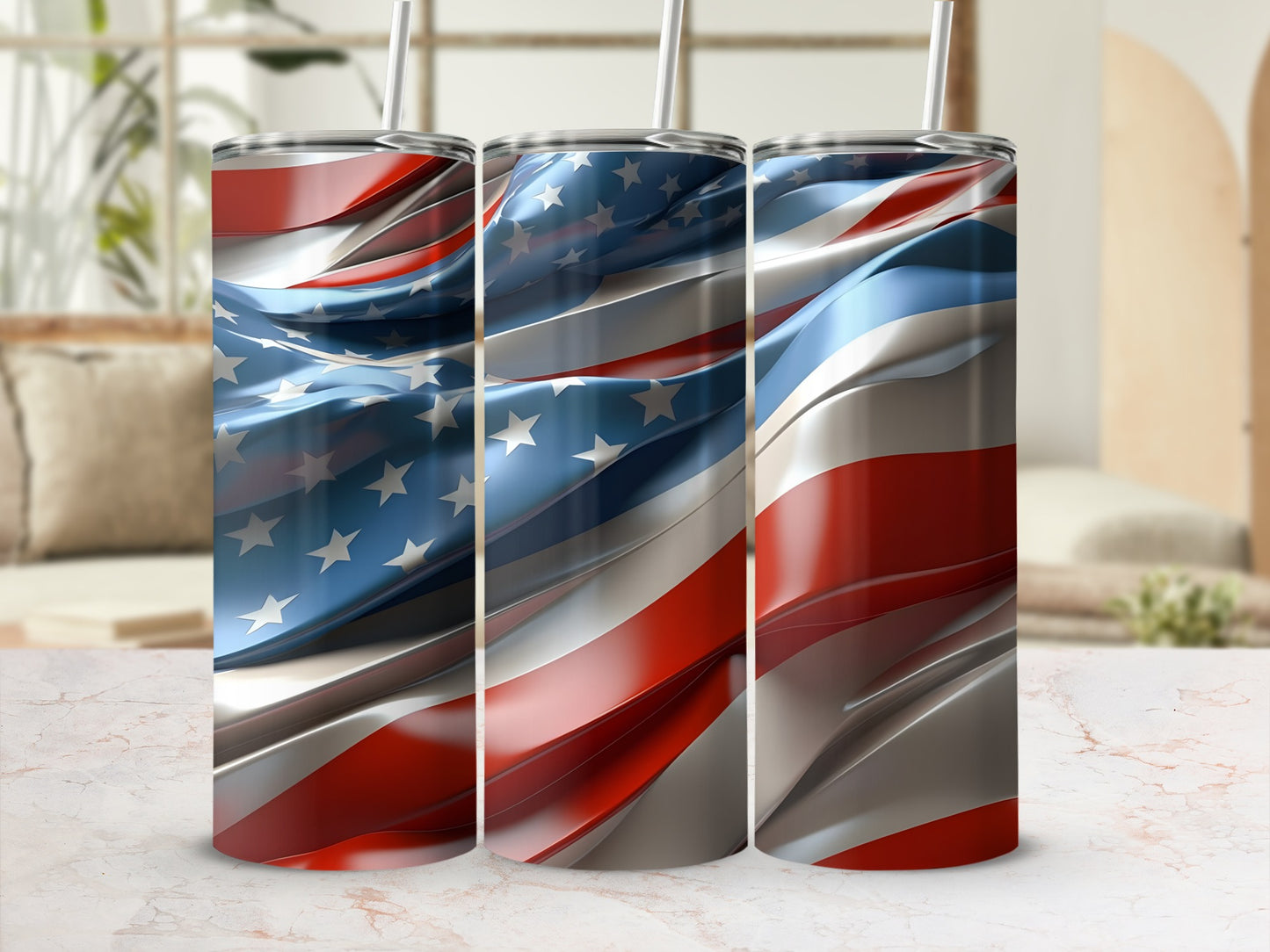 Three tumblers with American flag design, angled view, on marble surface.