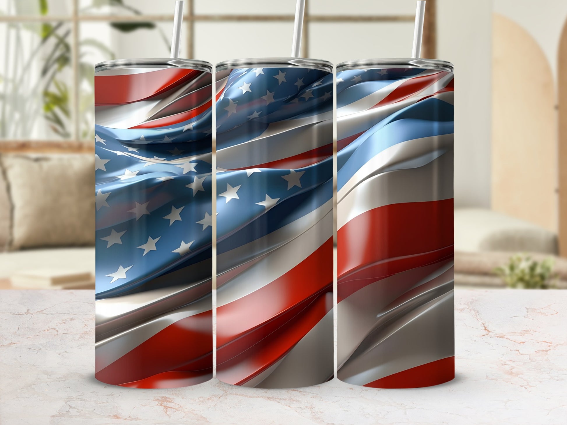 Three tumblers with American flag design, angled view, on marble surface.