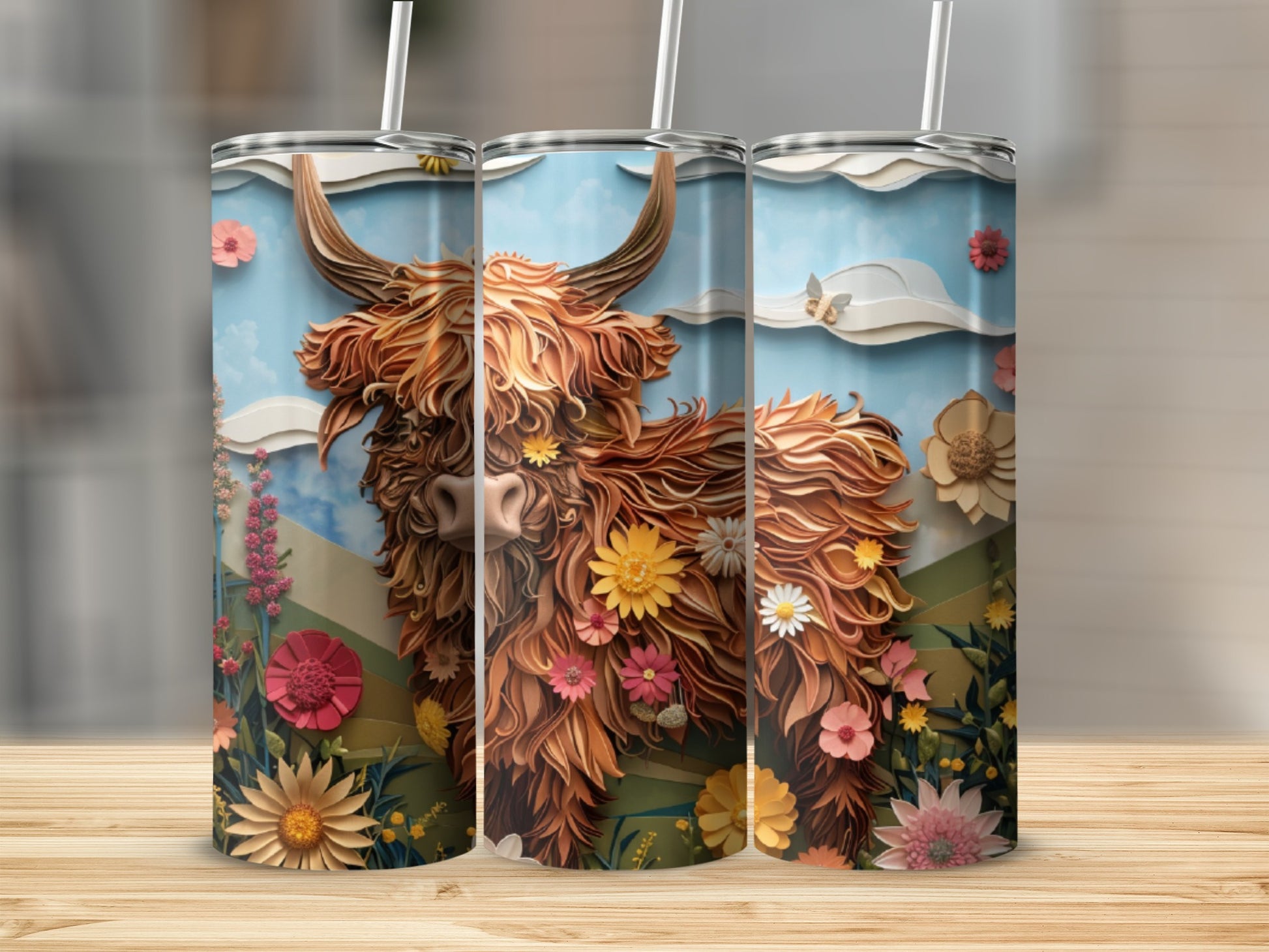 Highland cow adorned with flowers on a textured blue background.