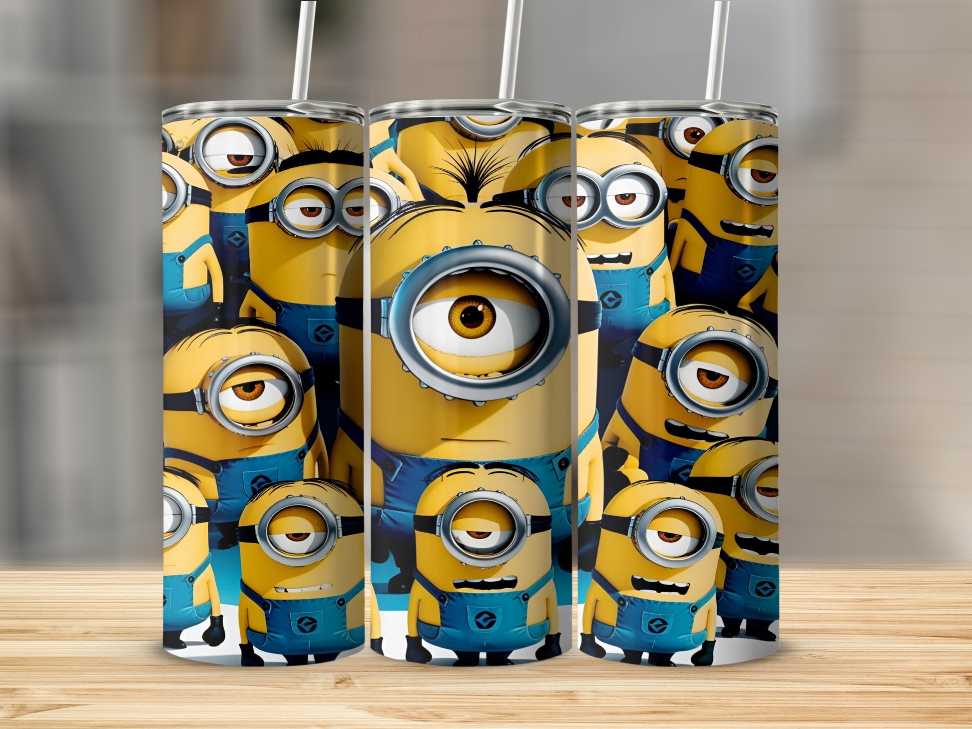 Minions with large eyes on a blue background, two tumblers side-by-side.