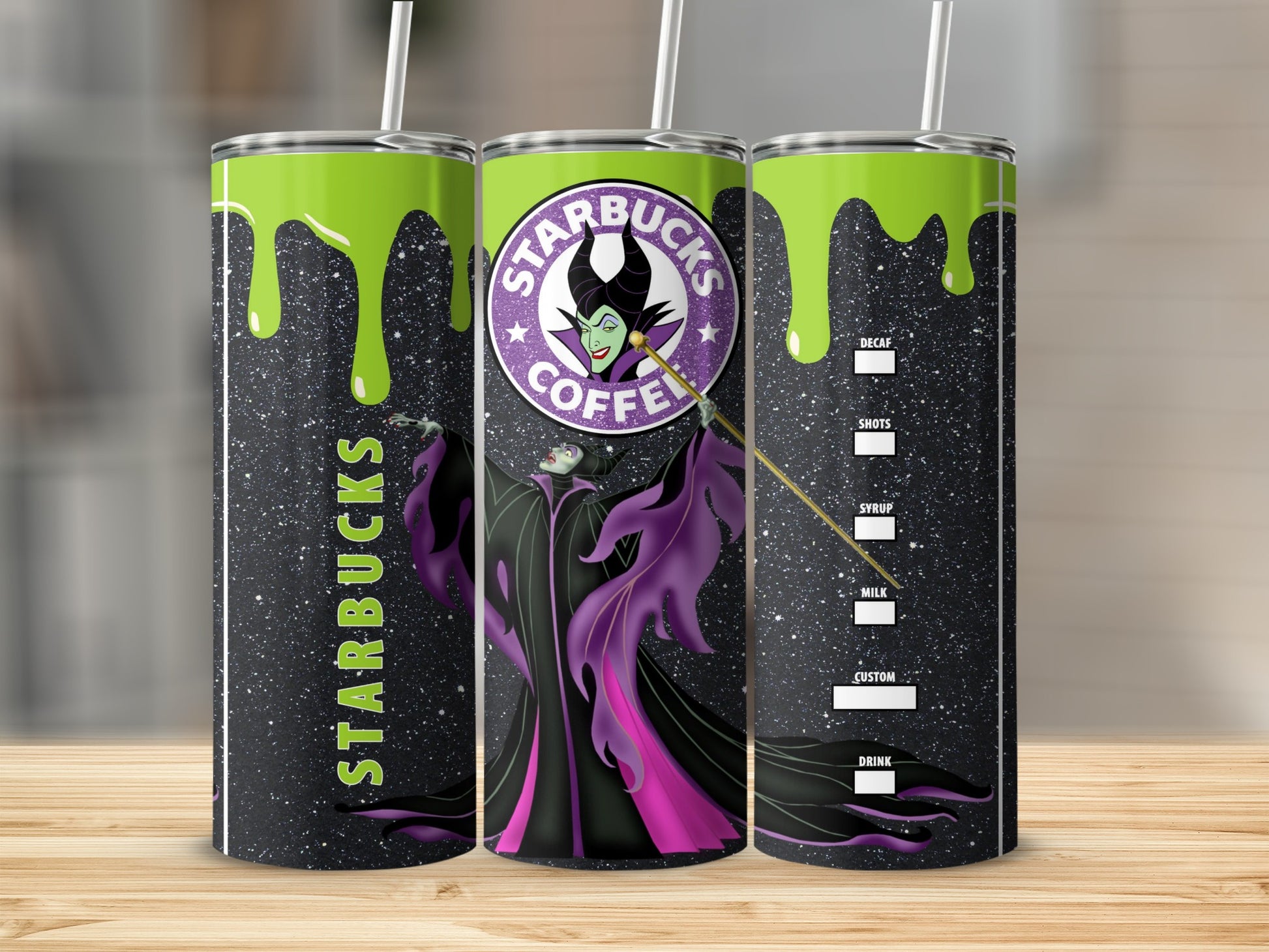 Starbucks Coffee Themed Maleficent Black Sparkle Tumbler