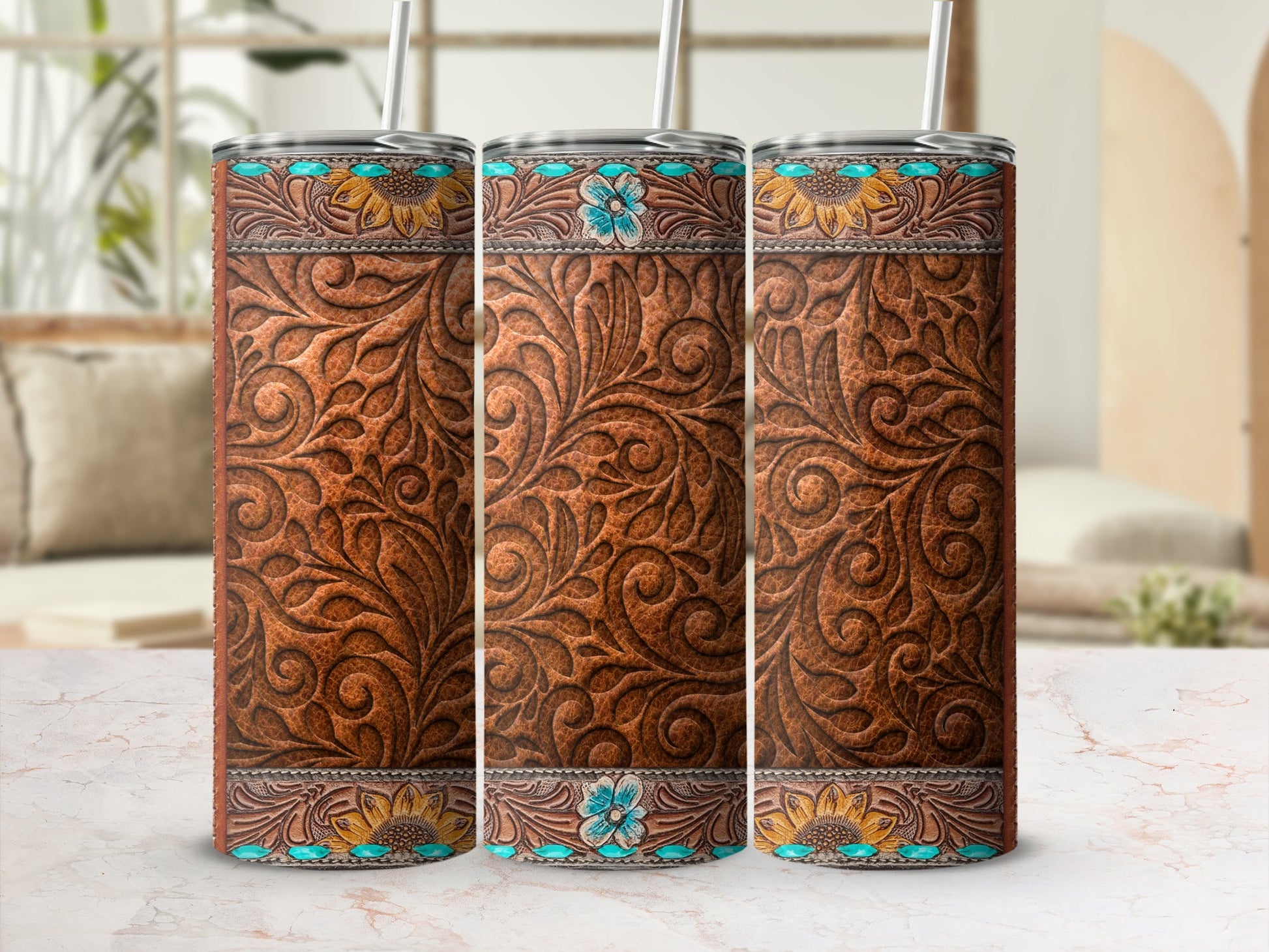 Three faux leather tumblers with embossed floral and sunflower patterns.