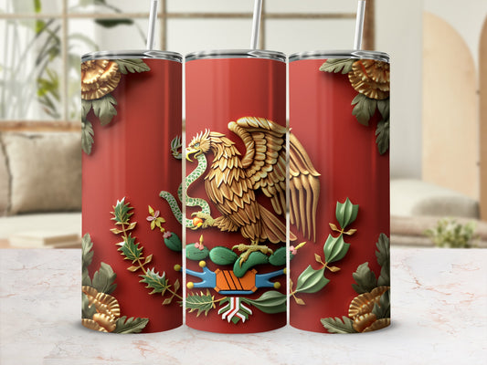 Red tumbler with a golden Mexican eagle emblem and floral accents.