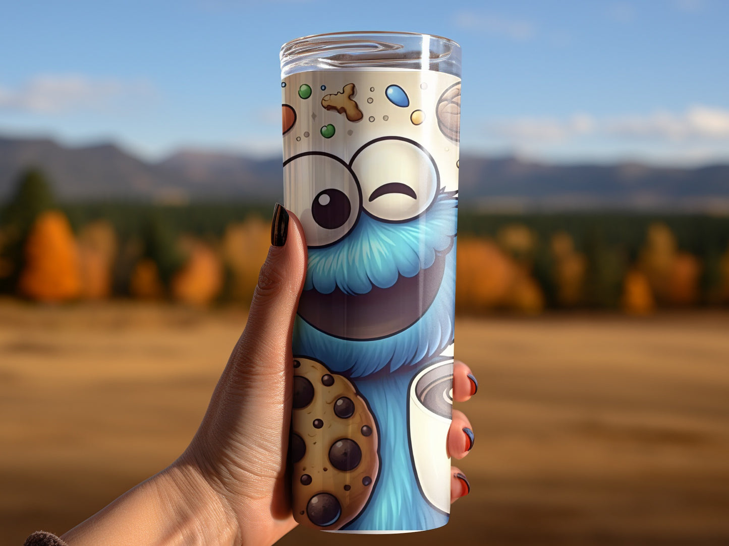 Cookie Monster Enjoying Coffee and Cookies Art Tumblers