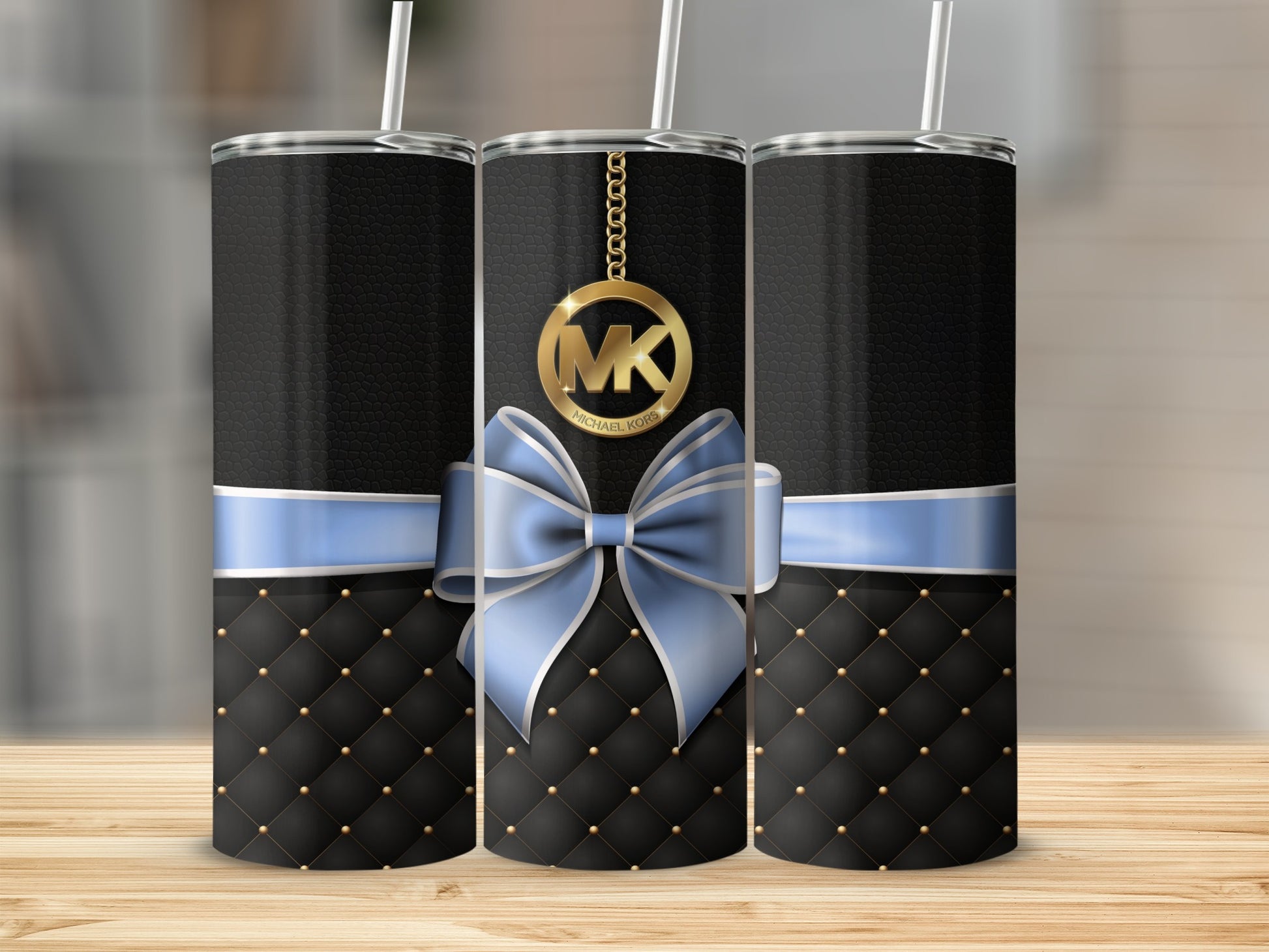 Elegant Black and Blue Patterned Tumbler with Bow Design
