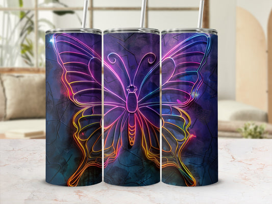 Three tumblers with a glowing neon butterfly design against a dark textured background.