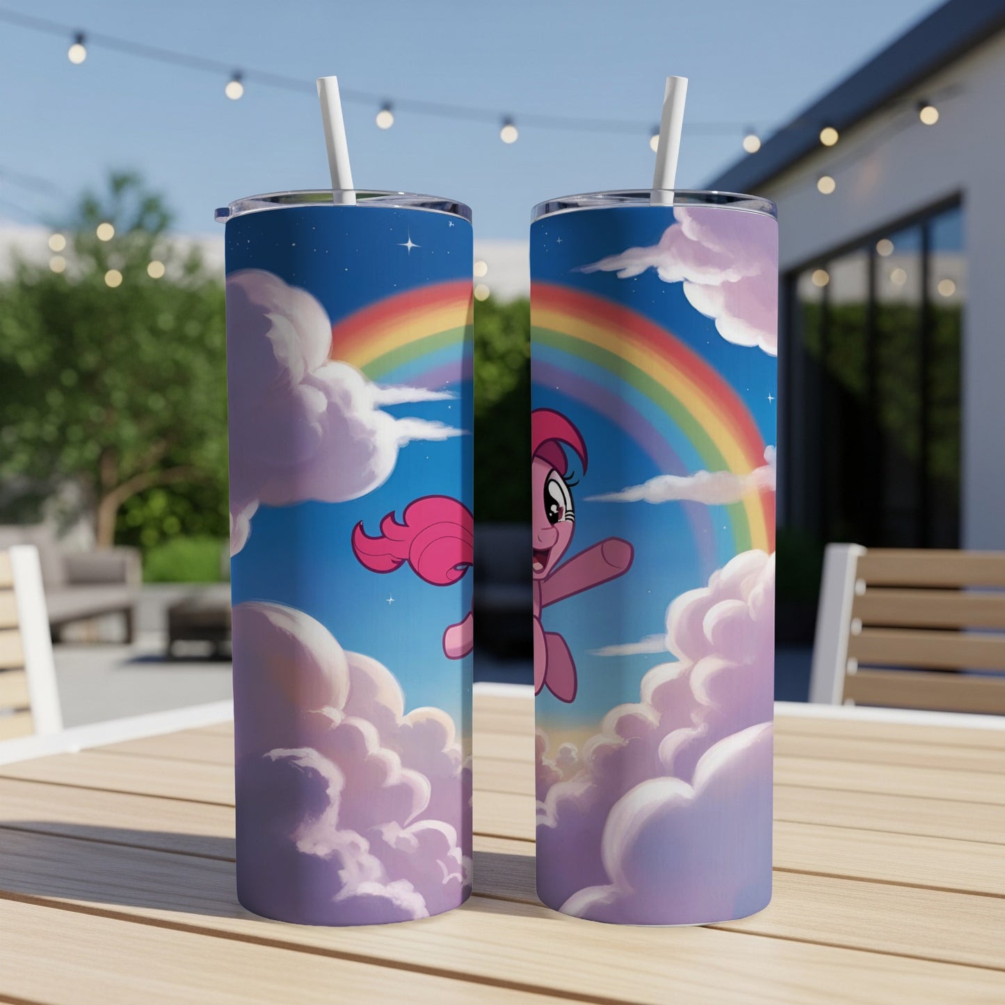 Pinkie Pie from My Little Pony on a cloud under a rainbow.