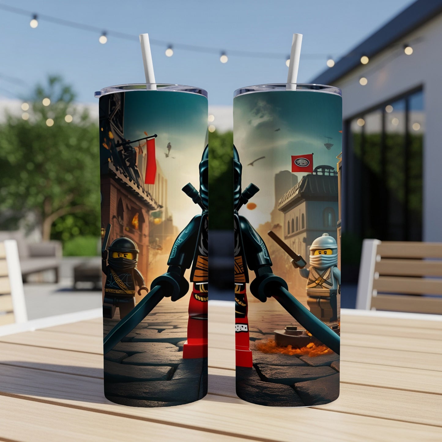 Two Ninjago-themed tumblers with swords on a table, outdoor background.