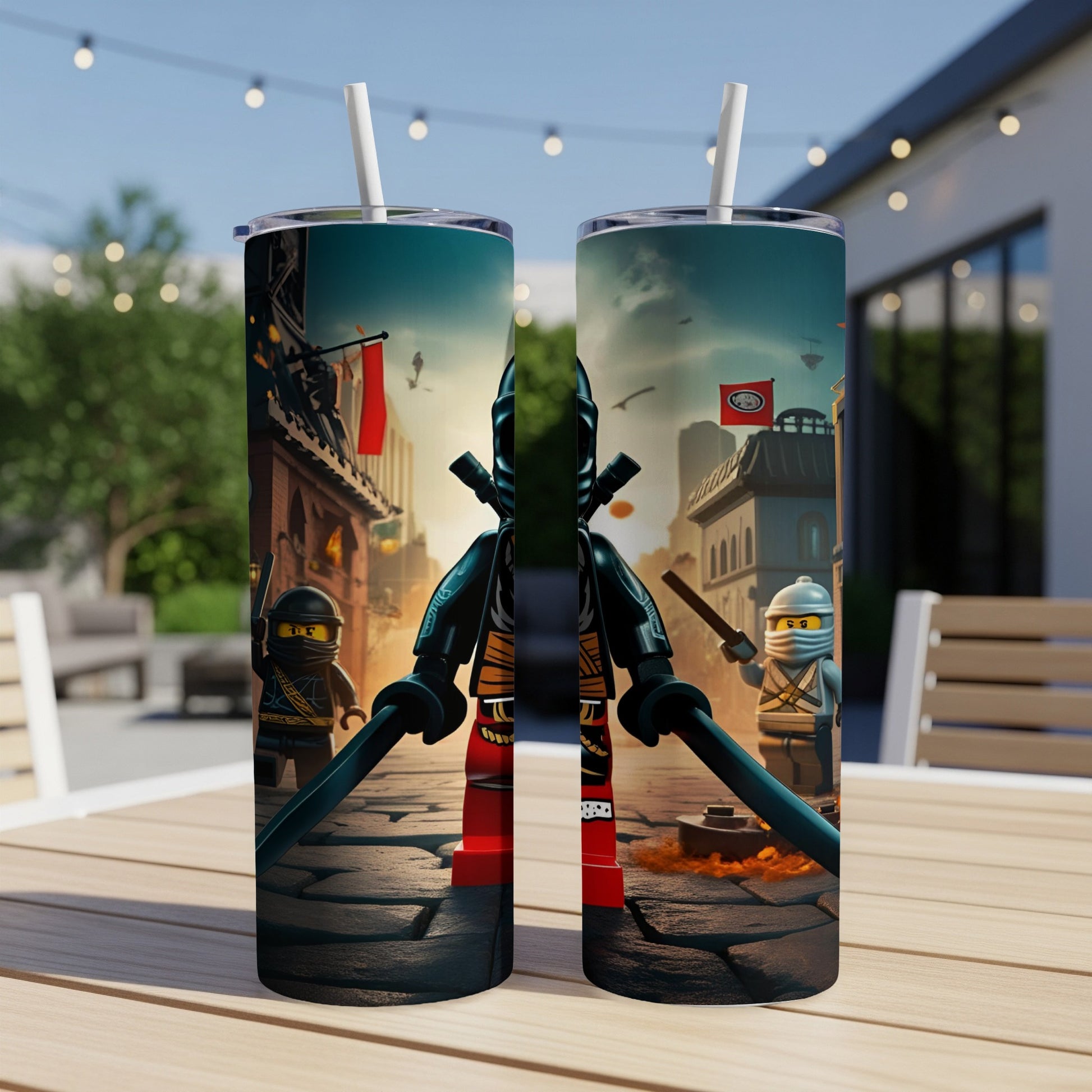Two Ninjago-themed tumblers with swords on a table, outdoor background.