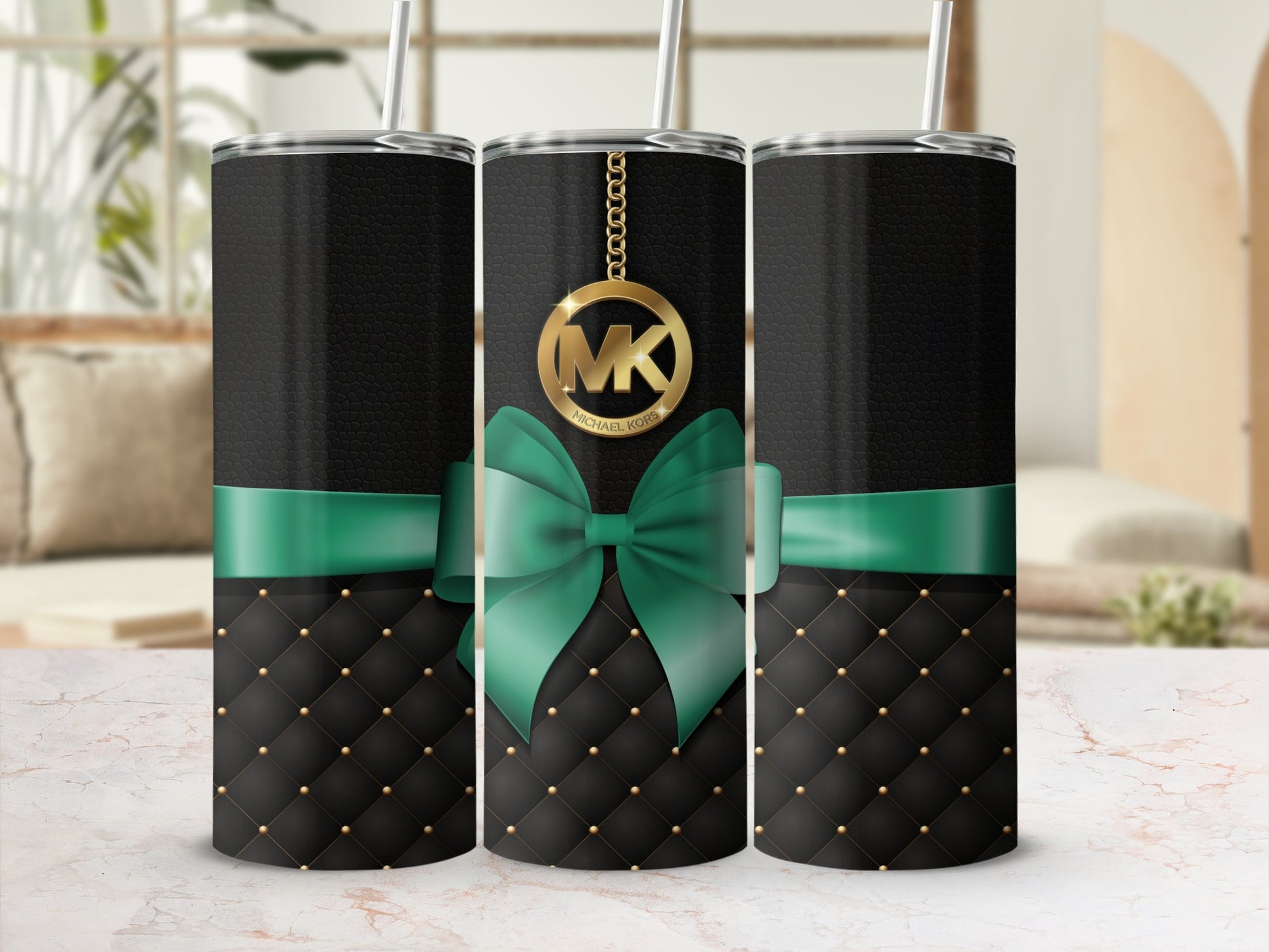 Elegant Black Tumbler with Green Bow Design Travel Mug