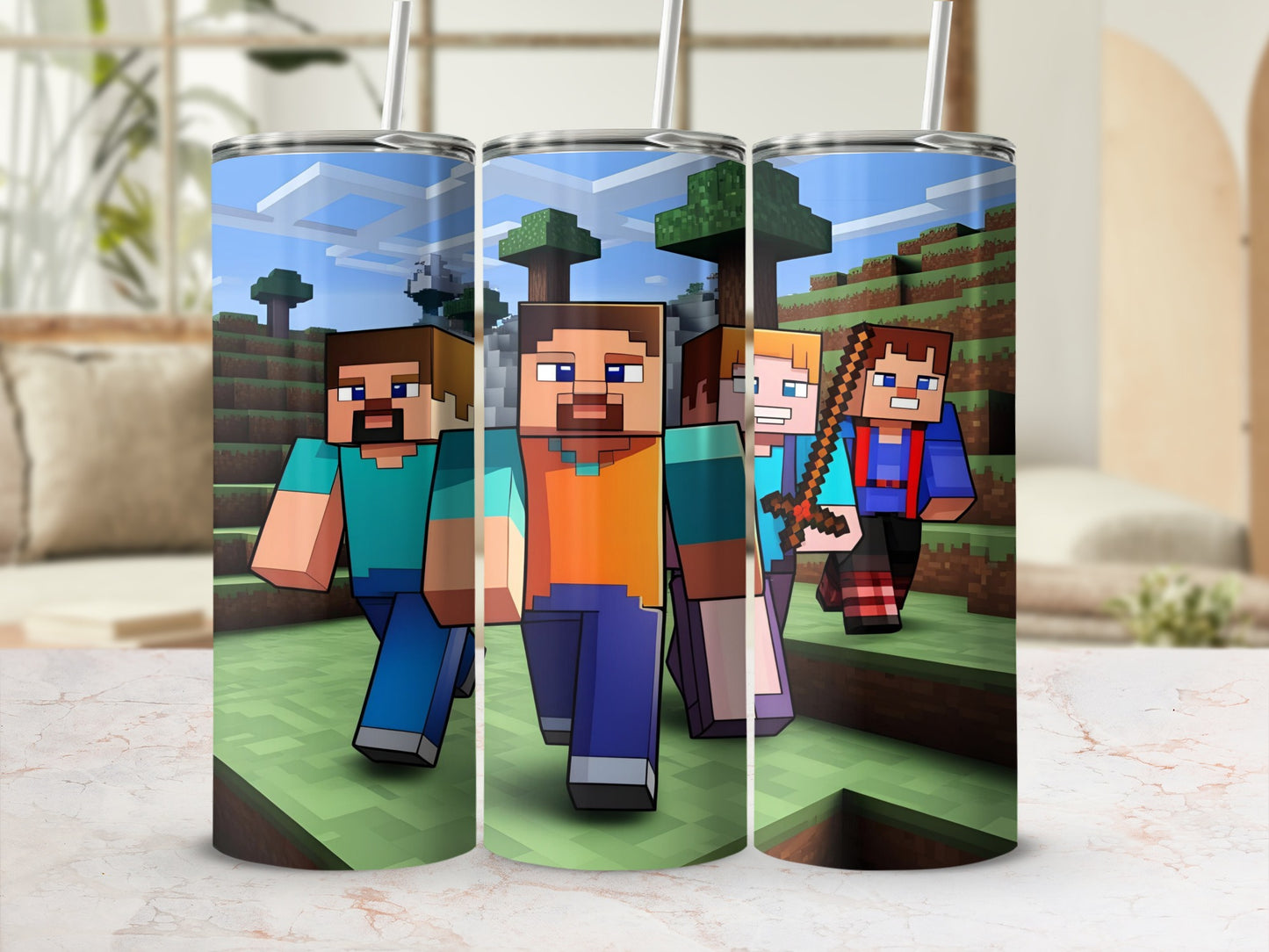 Minecraft characters walk across a grassy landscape with trees and wooden blocks.