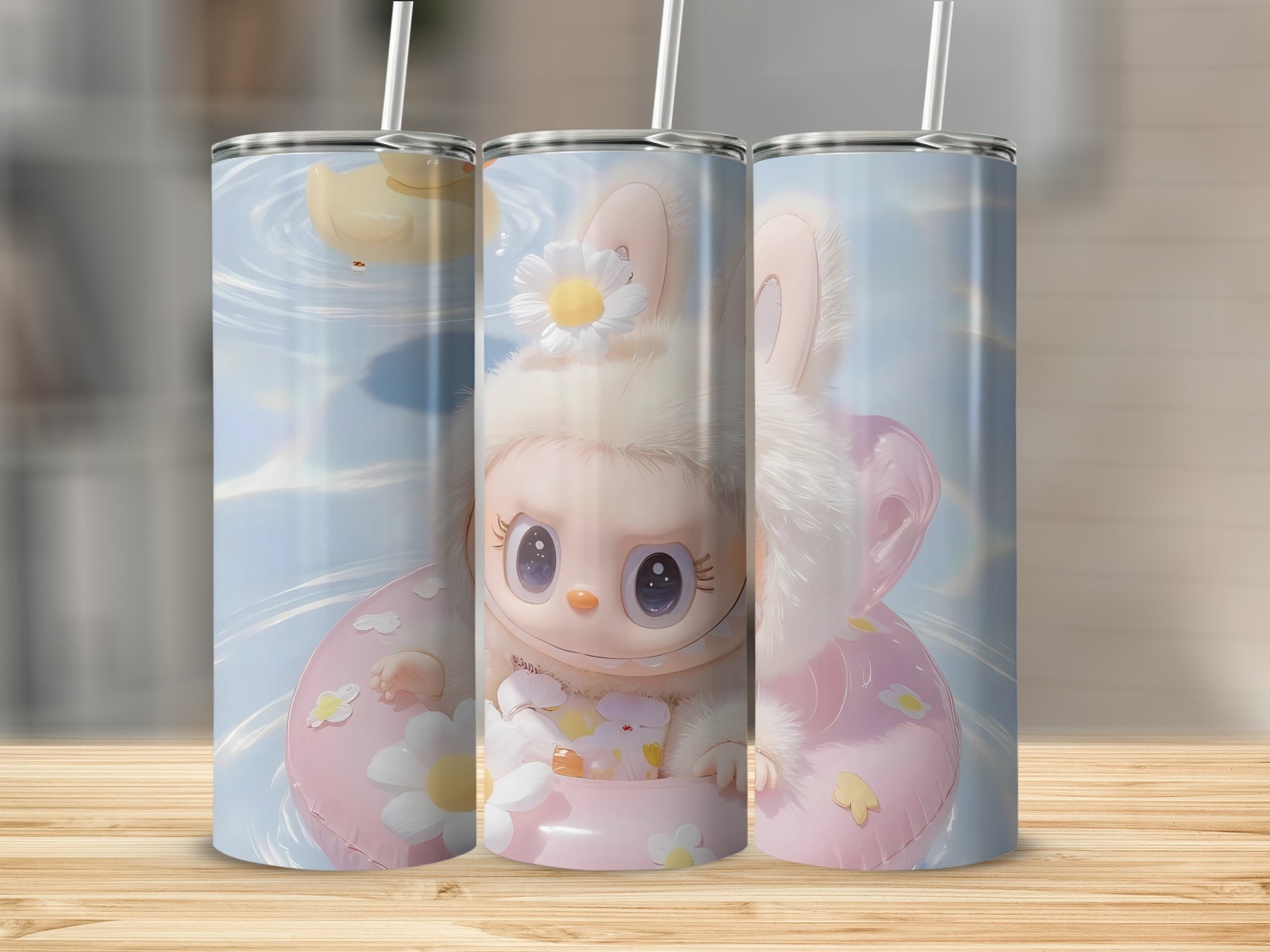 Cute Bunny and Duck Floating Scene on Light Blue Tumbler