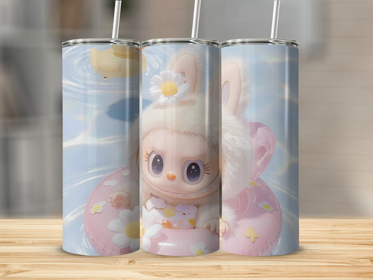 Cute Bunny and Duck Floating Scene on Light Blue Tumbler