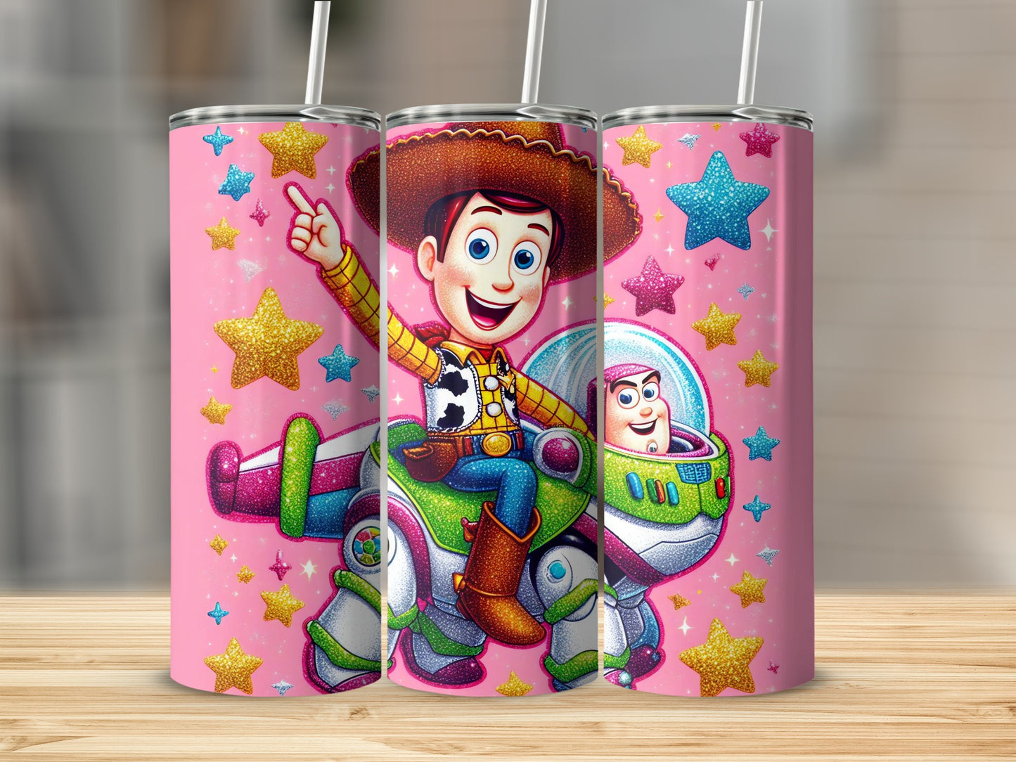 Pink Stars Cartoon Characters Tumbler for Kids