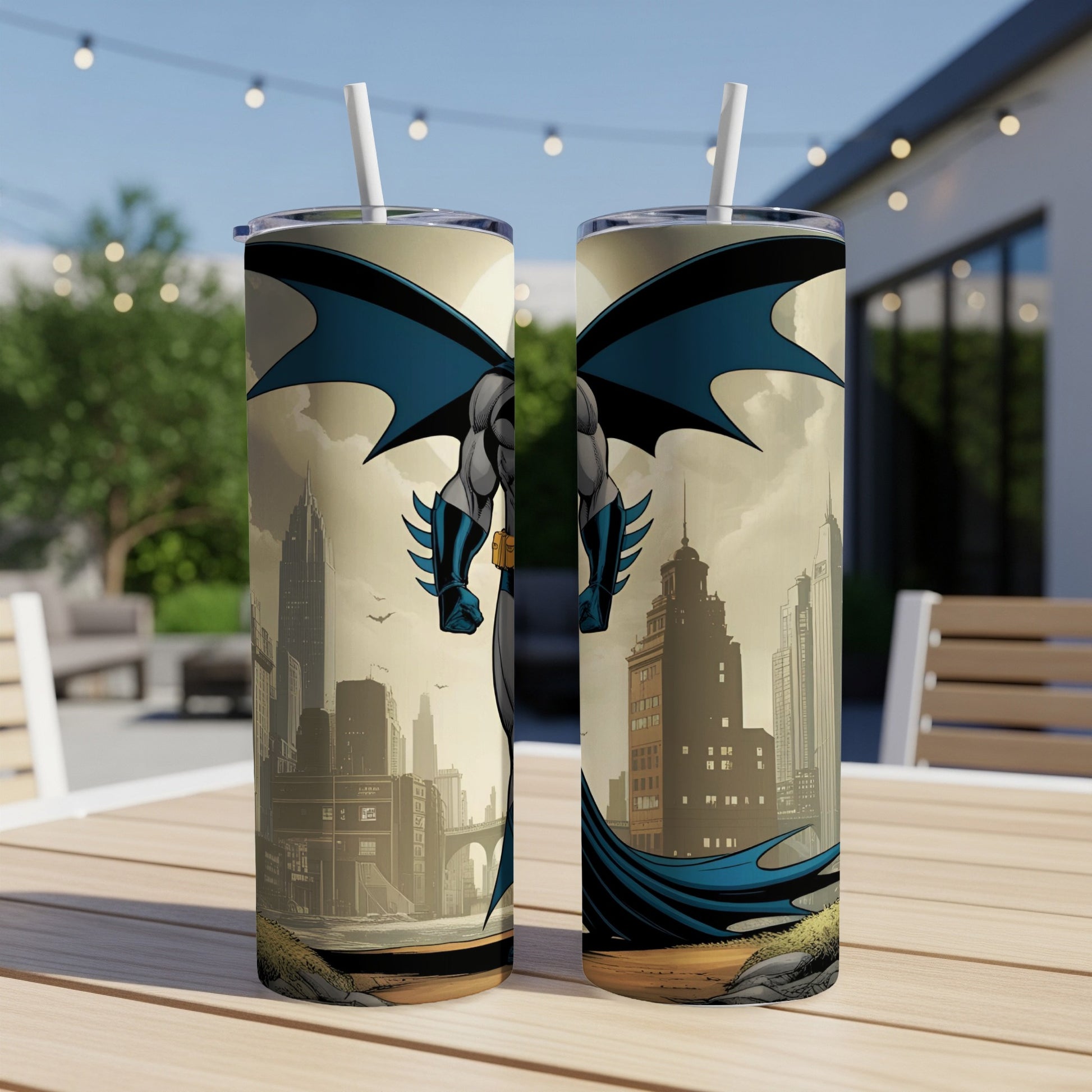 Batman soaring above a cityscape on a matte tumbler.