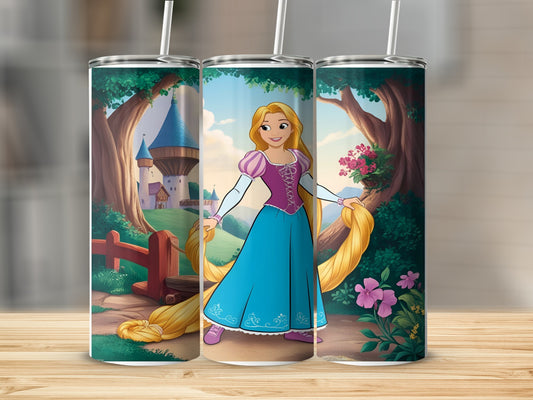 Rapunzel from Tangled standing in a garden with her long blonde hair.