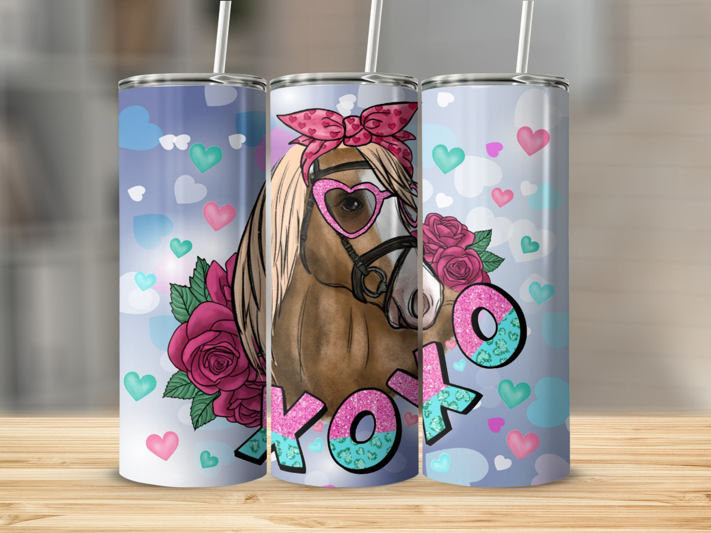 Horse with pink sunglasses and XOXO design on a tumbler.
