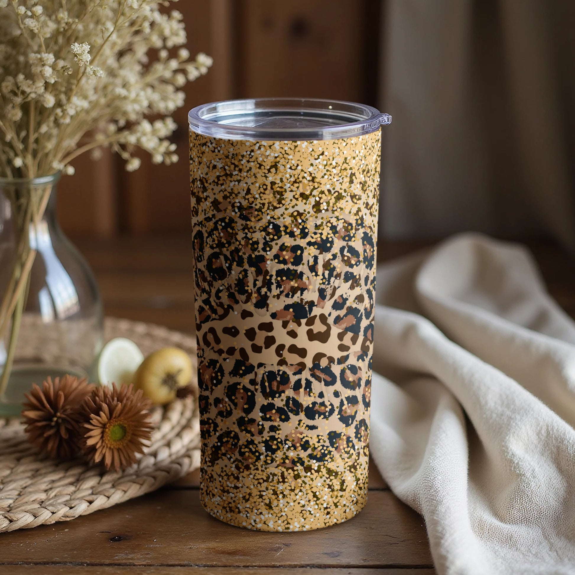 Leopard Print Glitter Splatter Tumbler Cup
