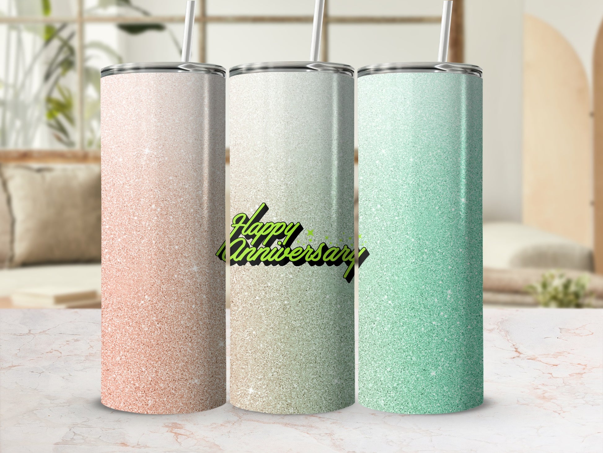Three glitter tumblers with "Happy Anniversary" text.