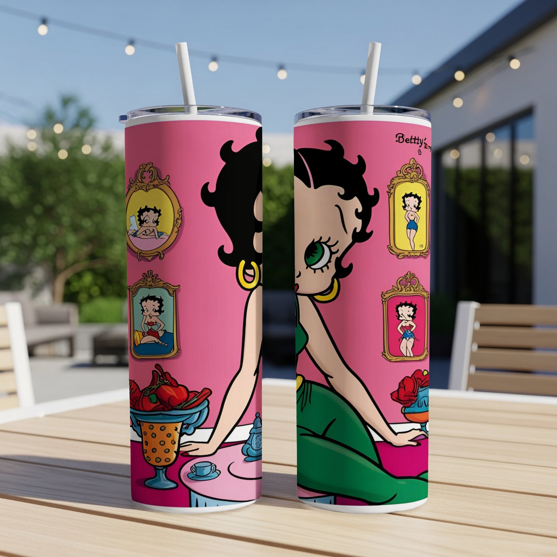 Betty Boop tumbler with strawberries and fruit salad.