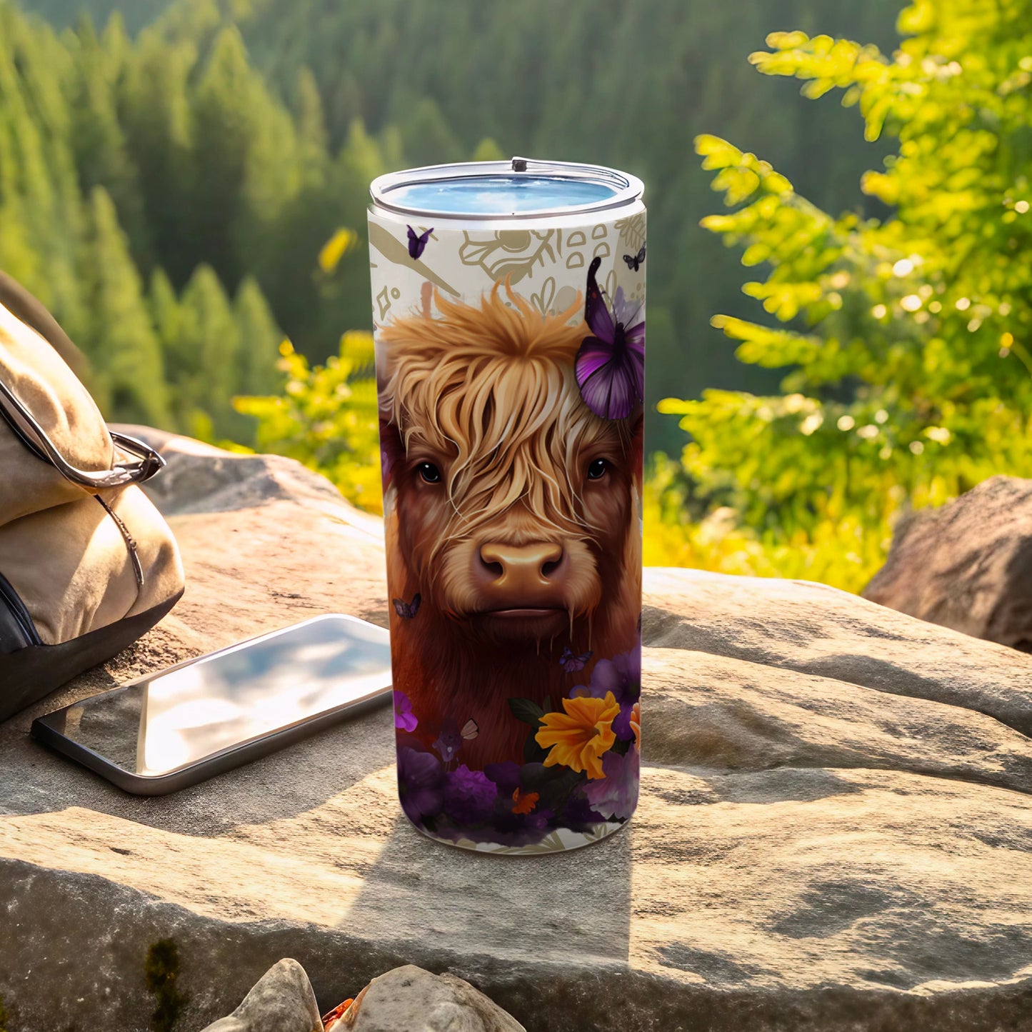 Cute Highland Cow with Butterfly Design Tumbler
