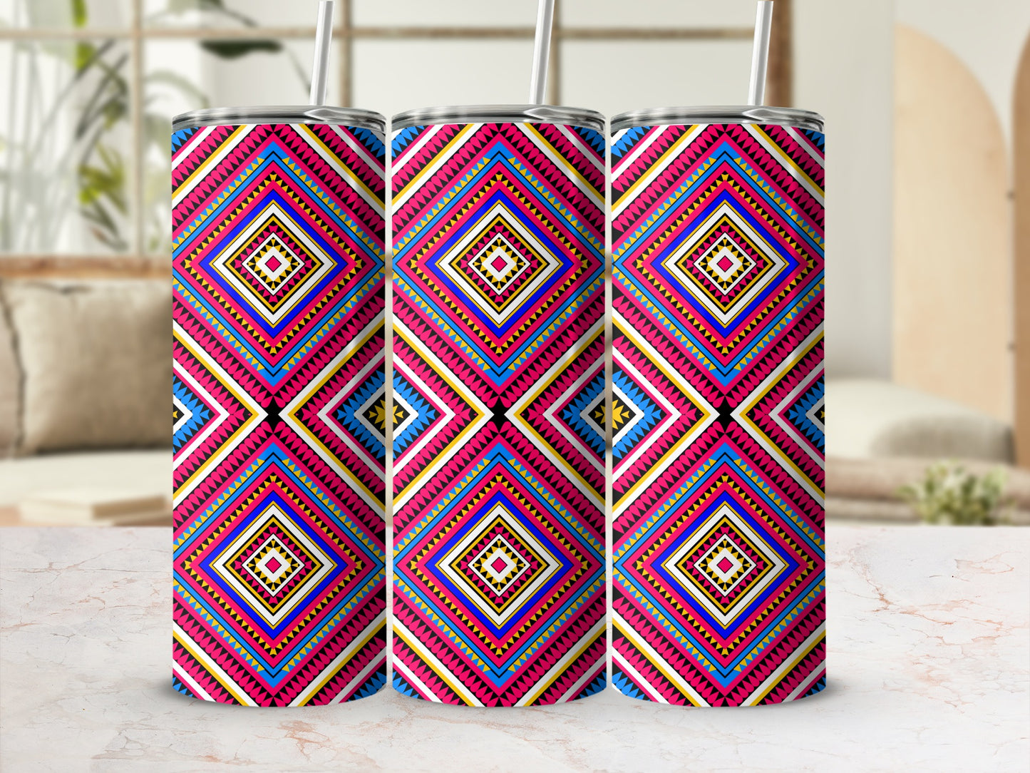 Colorful Geometric Diamond Pattern Insulated Tumbler