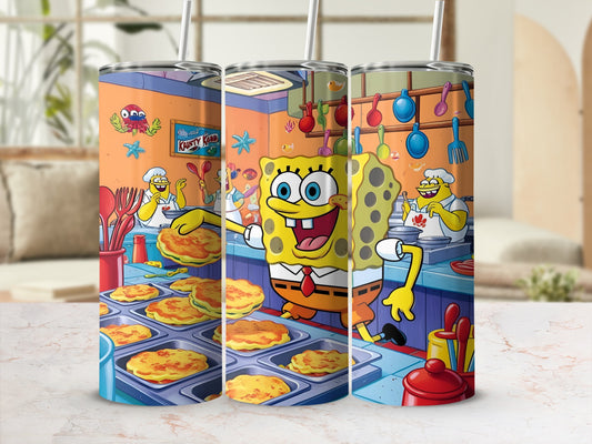 SpongeBob SquarePants making Krabby Patties in a kitchen.