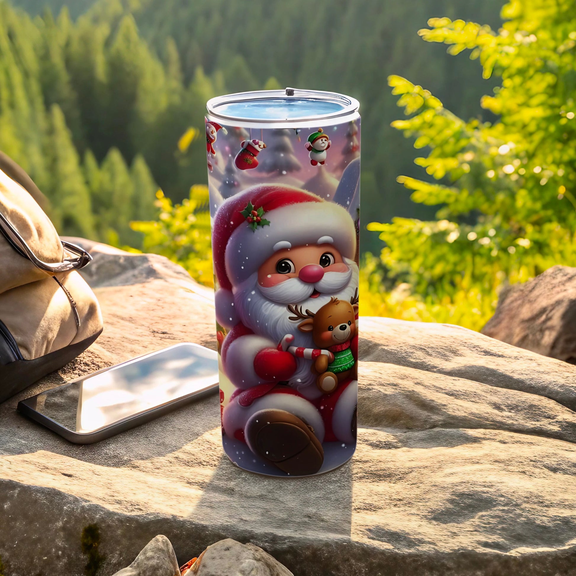 Adorable Santa and Reindeer Design Travel Tumbler