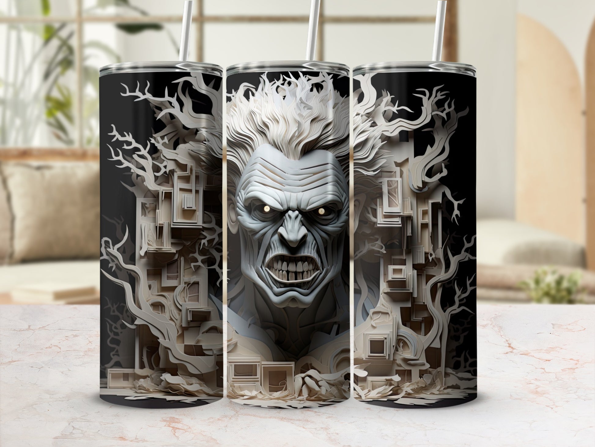 Three tumblers featuring a detailed, snarling monstrous face surrounded by layered paper-like trees and structures.
