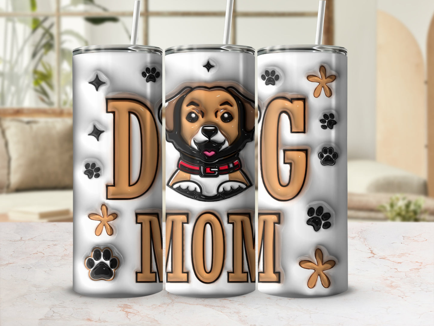 Tumbler with "Dog Mom" text and paw prints, featuring a cartoon dog illustration.