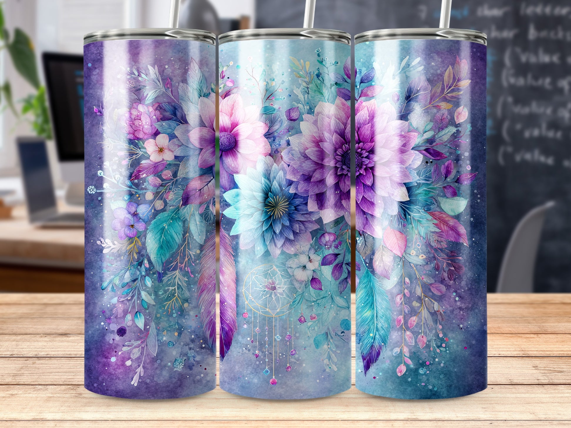 Floral Dreamcatcher Tumbler with Dazzling Blue Purple Design
