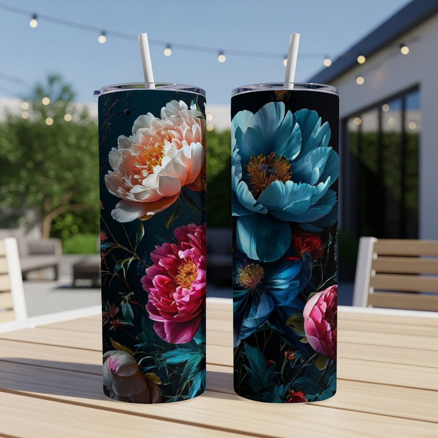 Two tumblers featuring vibrant floral designs of peonies and roses.