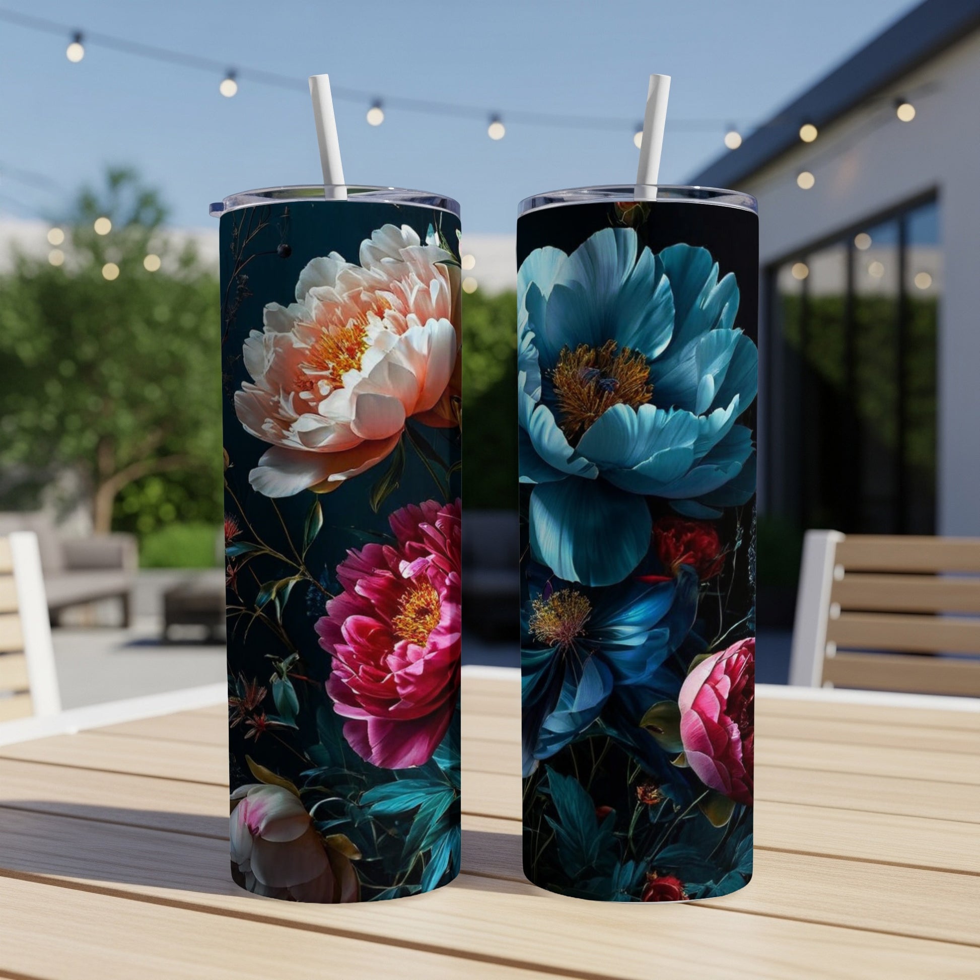Two tumblers featuring vibrant floral designs of peonies and roses.
