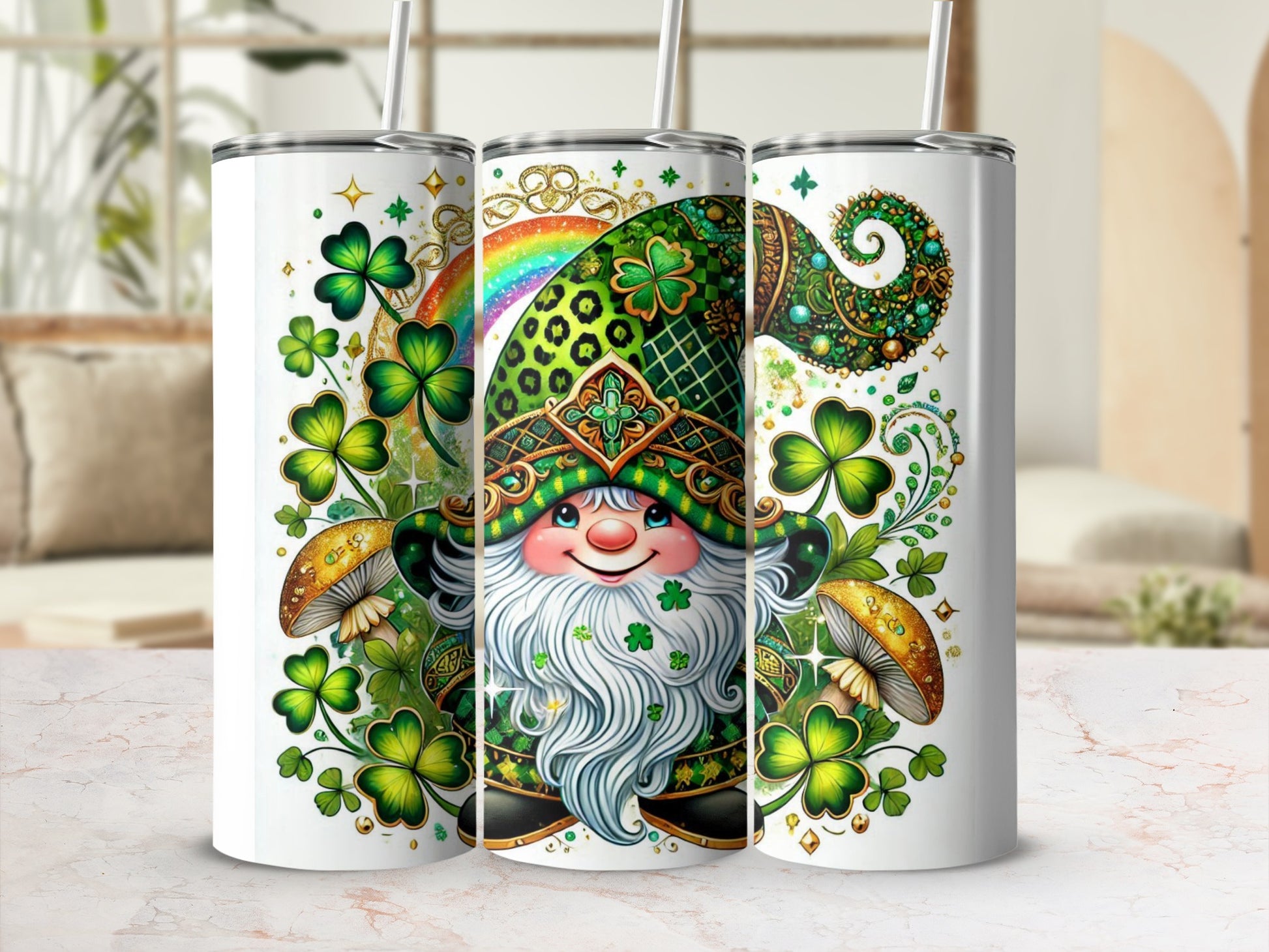 Leprechaun with shamrocks, mushrooms, and rainbow patterns on a tumbler.