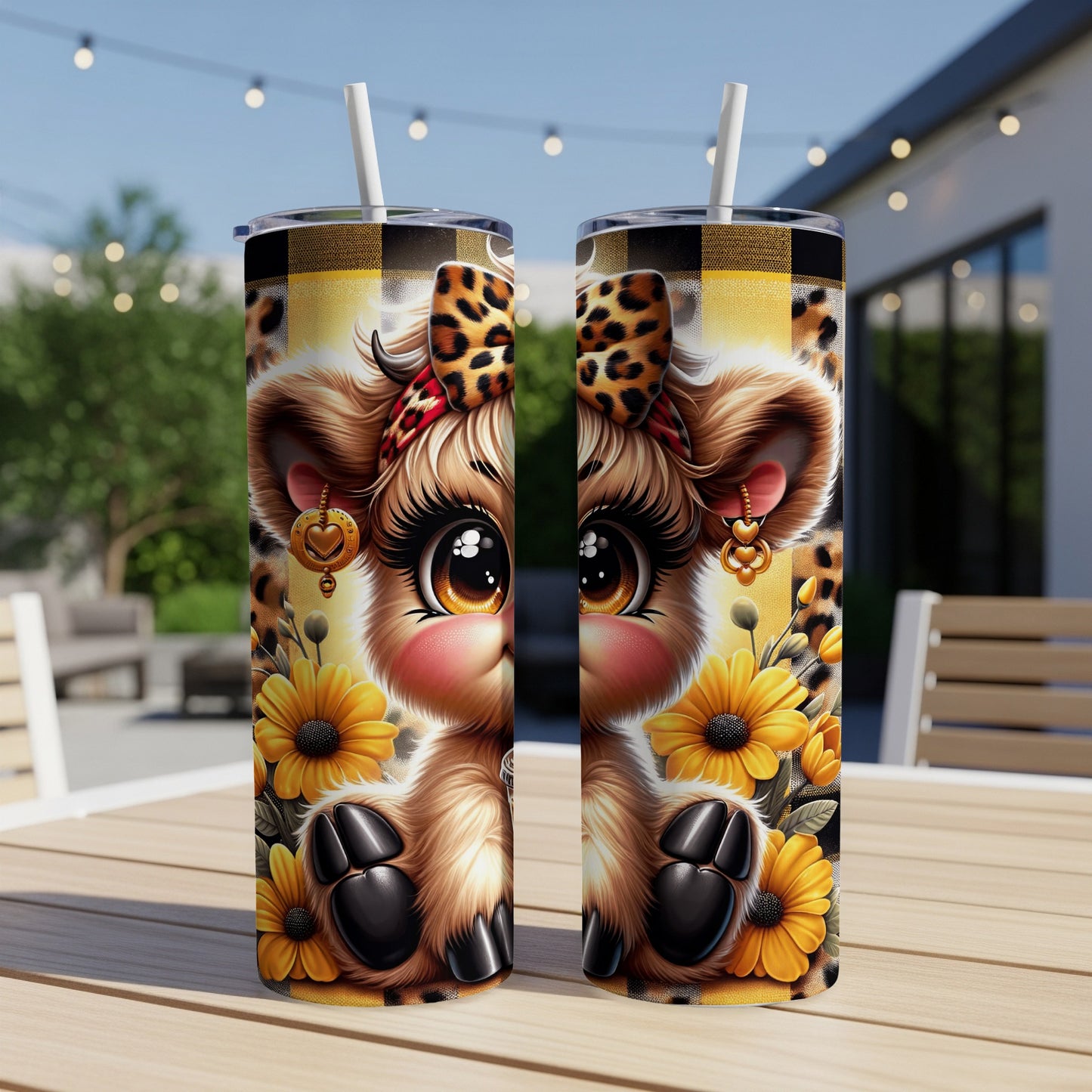 Two cow print tumblers with large, expressive eyes and sunflower embellishments.