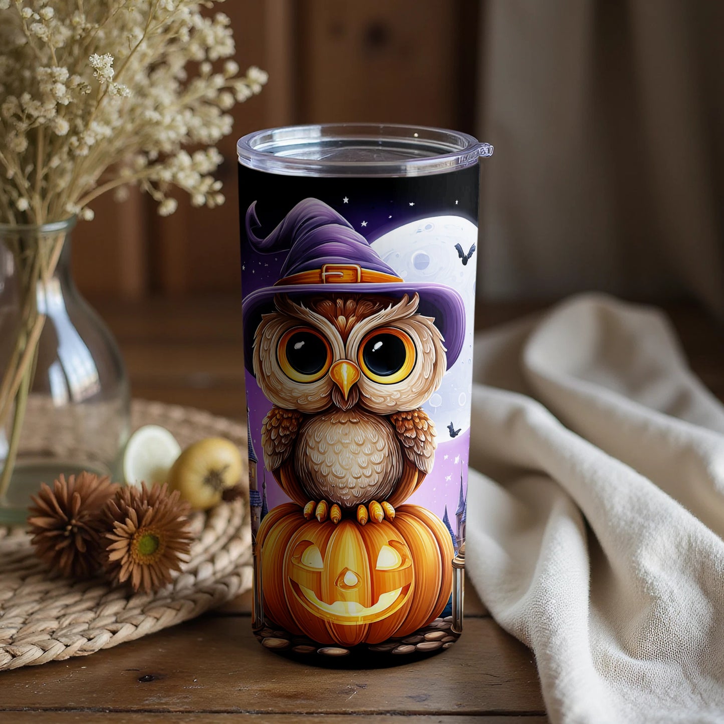Halloween Owl and Pumpkin Tumbler Cup Design