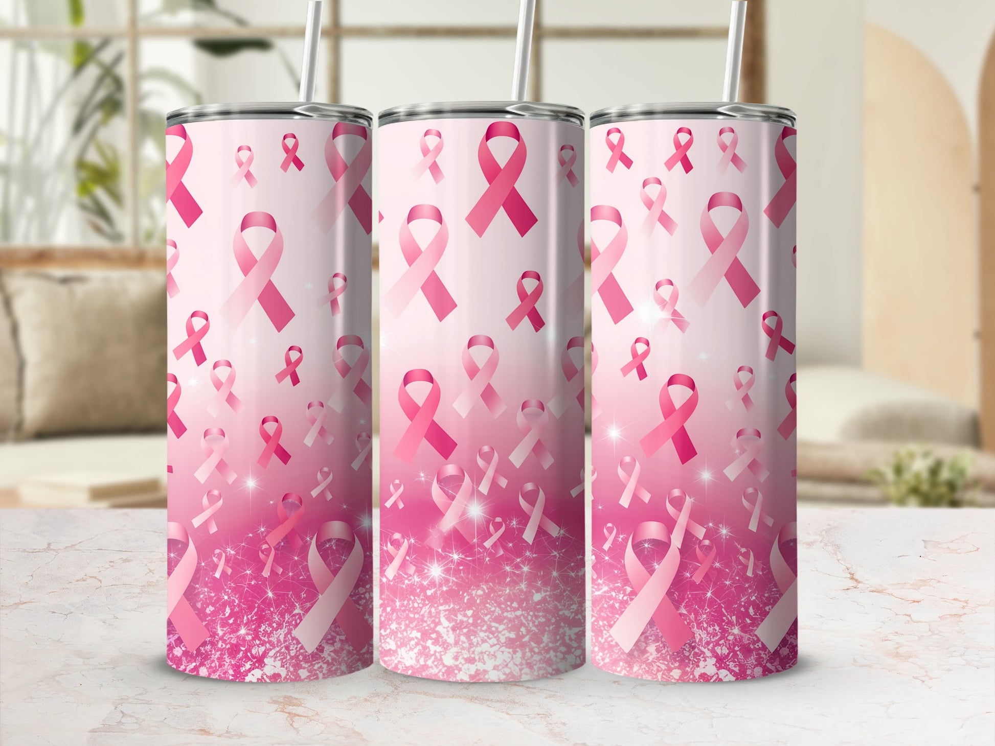 Pink gradient tumbler with repeating breast cancer awareness ribbons and glitter.