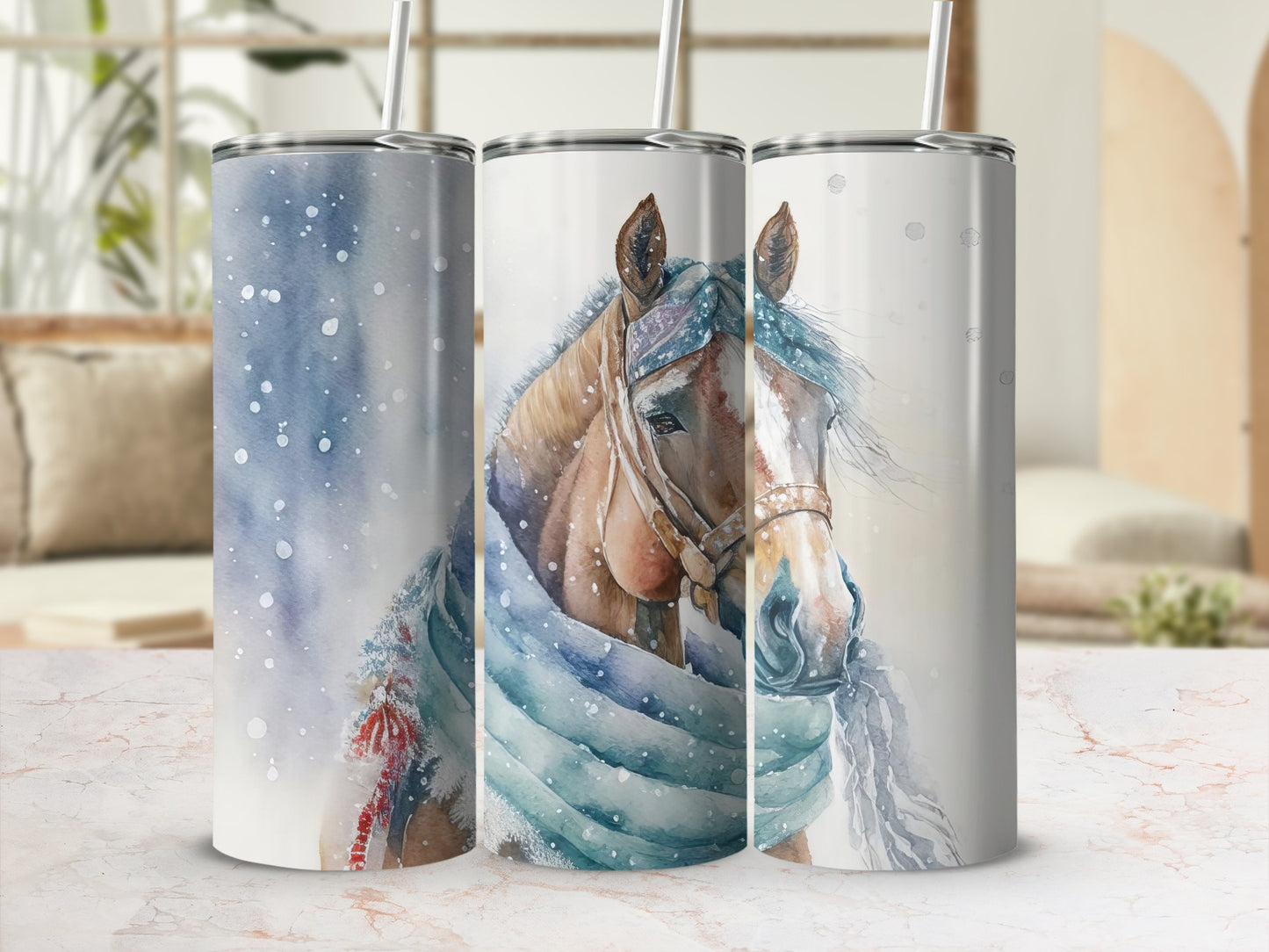 Three tumblers with a horse and snowflake design.