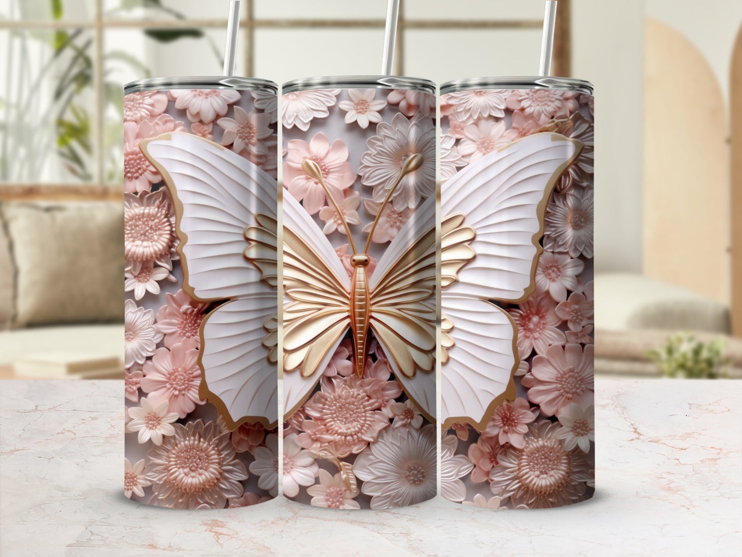 White Gold Butterfly Pink Flowers 3D Floral Elegant Tumbler product type