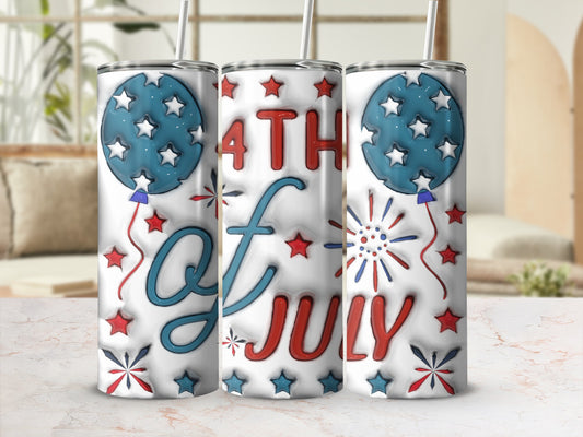 Tapered tumbler with "4th of July" text and patriotic star and balloon design.
