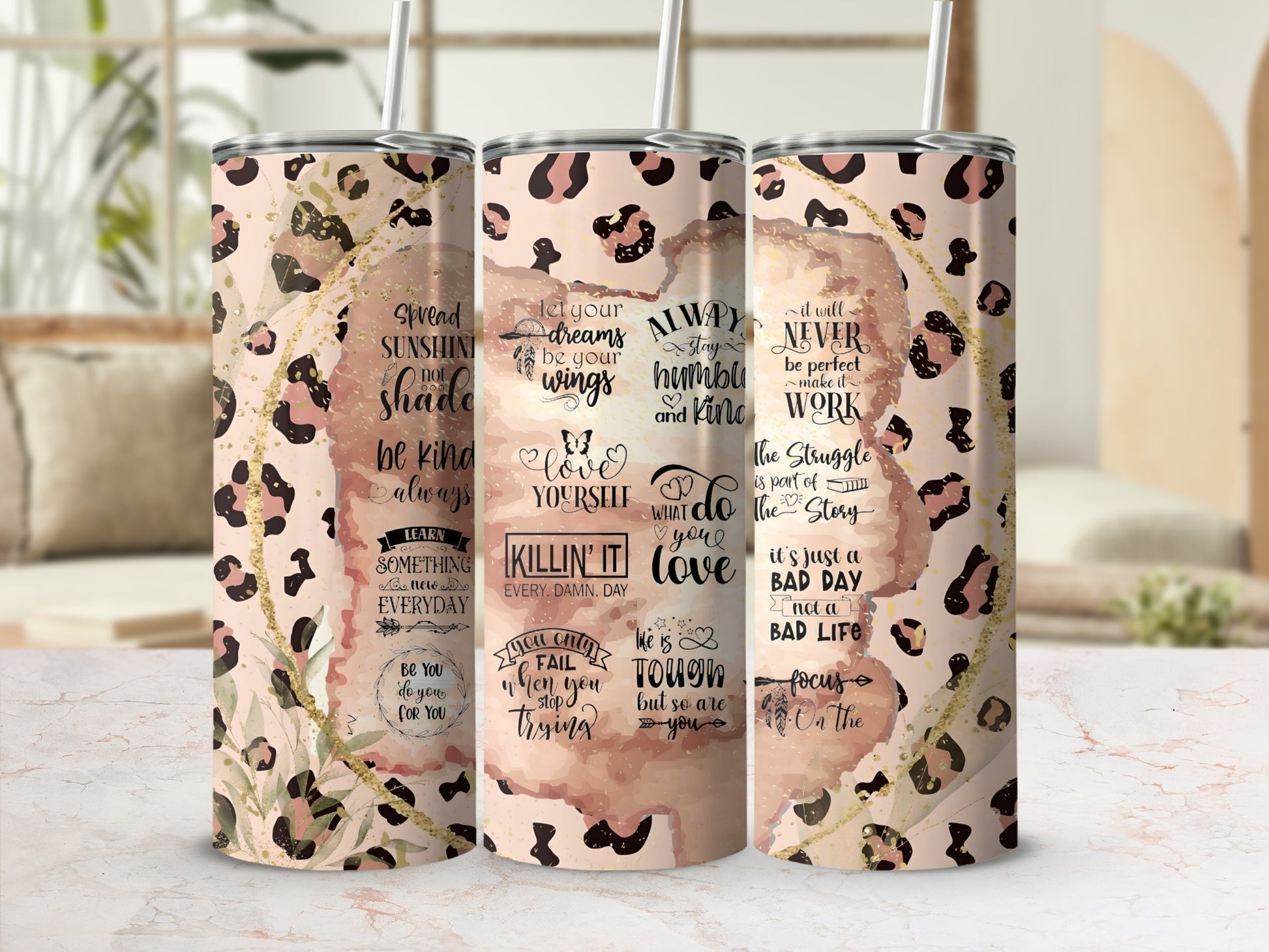 Inspirational Quotes Leopard Print Tumbler with Straw