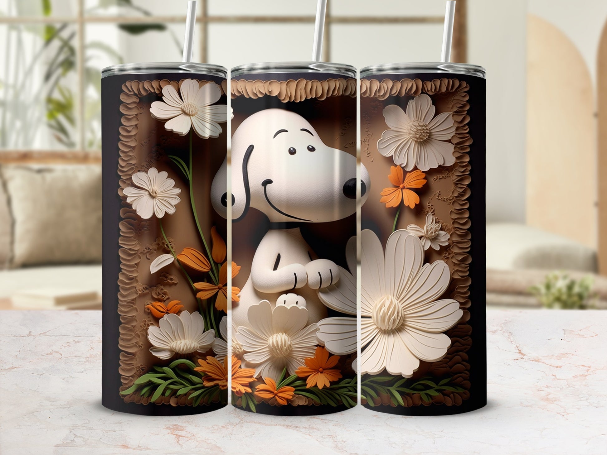 Floral Snoopy Design Tumbler with Straw Colorful Art
