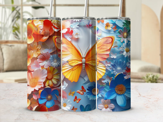 Three tumblers with floral and butterfly designs.